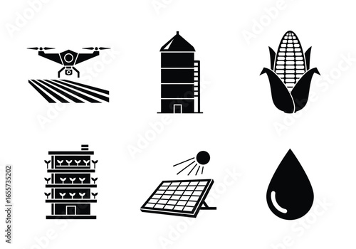 Collection of icons representing modern agricultural technology, including drones, silos, crops, vertical farms, solar panels, and water resources.