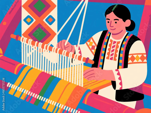 Vector illustration of traditional handloom weaving with artisan at work, cultural textile patterns, flat colorful style