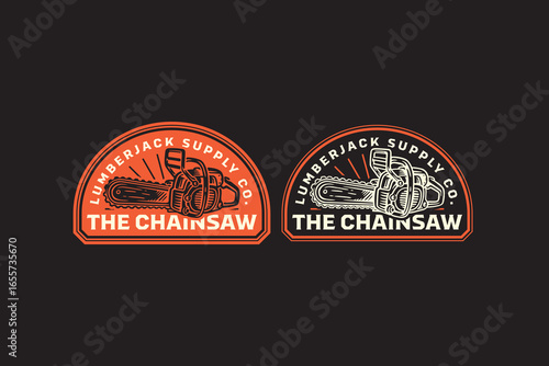 Chainsaw tools retro badge logo vector design set for adventure and outdoors. Wood cutting equipment vintage emblem logo graphic collections. Lumberjack chainsaw illustration label element designs