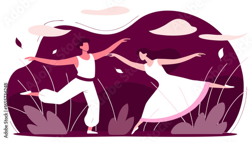 Two people dancing in a dreamy landscape with stylized clouds and foliage in a modern illustration style