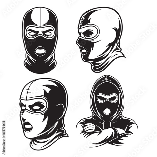 Vector art of four black and white illustrations of people wearing balaclavas, showcasing different styles and perspectives of the headwear