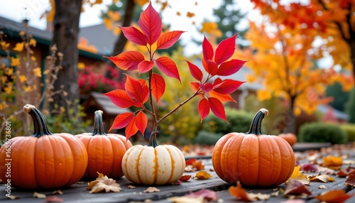 Fototapeta Naklejka Na Ścianę i Meble -  A fall autumnal scene with pumpkins in front.
