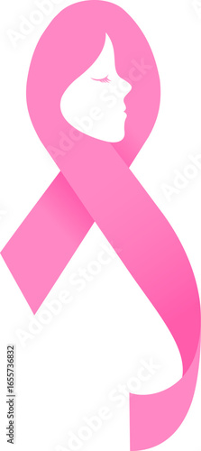 Pink ribbon design with woman face. Fight against breast cancer concept. Breast cancer awareness icon, vector illustration