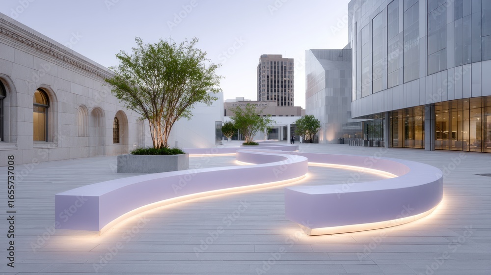 Fototapeta premium Modern urban landscape featuring a curved illuminated bench in a public plaza at dusk with buildings in the background