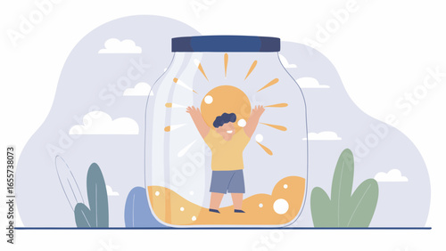 Illustration of a boy inside a jar with light rays, surrounded by liquid, against a cloudy background