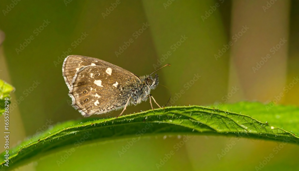 Fototapeta premium Close-up of a small, speckled butterfly resting gracefully on a vibrant green leaf, showcasing intricate details of its wings and delicate body against a blurred, natural backdrop.