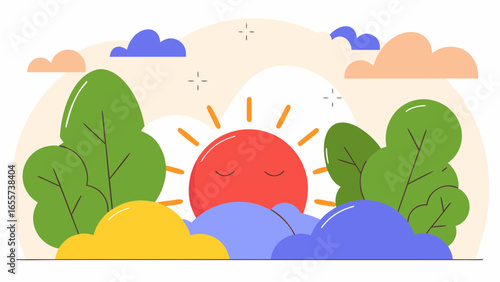 Illustration of a red sun with closed eyes rising behind clouds and green trees on a light background