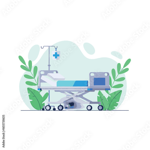 Hospital Bed with IV Pole Medical Illustration.