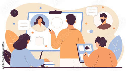 Illustration of a presentation with a speaker and two attendees in a meeting environment setup