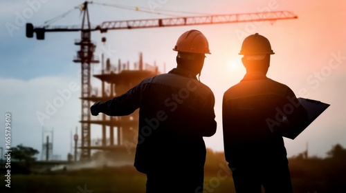 Construction site progress meeting urban development photo evening light perspective teamwork and safety
