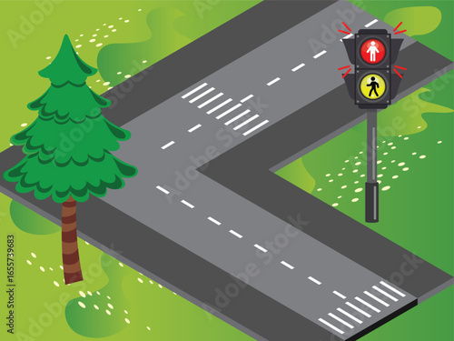  City roads with traffic lights front view illustration