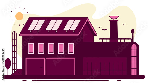 Illustration of a modern factory with solar panels and a chimney under a bright sun light