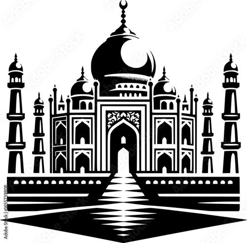 Minimalist black and white vector icon of Taj Mahal. Clean, isolated, scalable, perfect for stickers, logos, or digital use.
