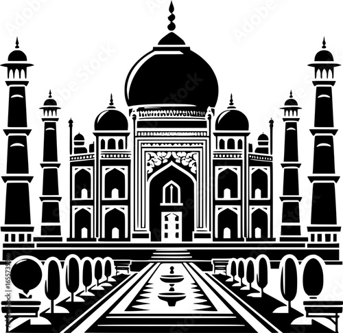 Minimalist black and white vector icon of Taj Mahal. Clean, isolated, scalable, perfect for stickers, logos, or digital use.