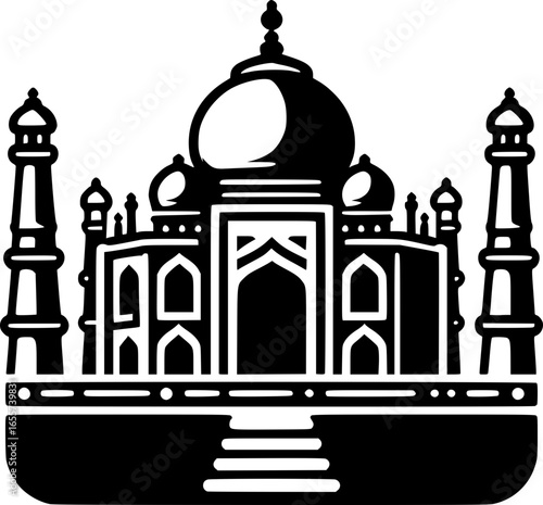 Minimalist black and white vector icon of Taj Mahal. Clean, isolated, scalable, perfect for stickers, logos, or digital use.