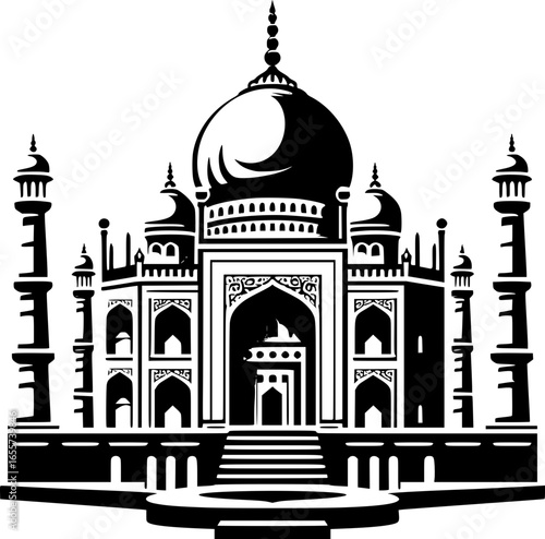 Minimalist black and white vector icon of Taj Mahal. Clean, isolated, scalable, perfect for stickers, logos, or digital use.