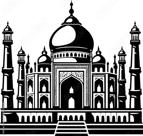 Minimalist black and white vector icon of Taj Mahal. Clean, isolated, scalable, perfect for stickers, logos, or digital use.