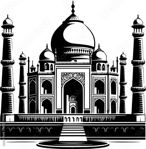 Minimalist black and white vector icon of Taj Mahal. Clean, isolated, scalable, perfect for stickers, logos, or digital use.