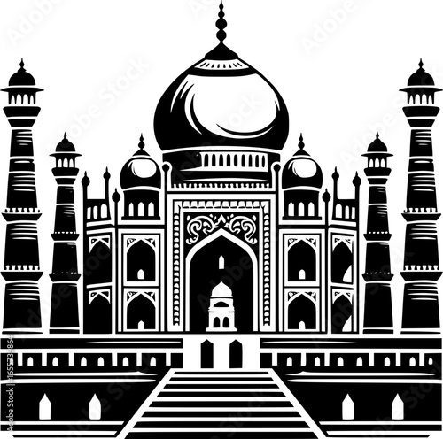 Minimalist black and white vector icon of Taj Mahal. Clean, isolated, scalable, perfect for stickers, logos, or digital use.
