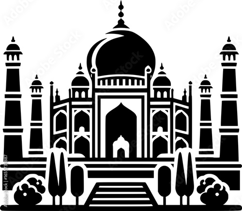 Minimalist black and white vector icon of Taj Mahal. Clean, isolated, scalable, perfect for stickers, logos, or digital use.
