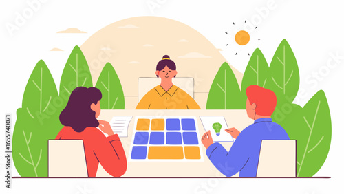 Teamwork session with colleagues discussing ideas and strategies around a table with green plants