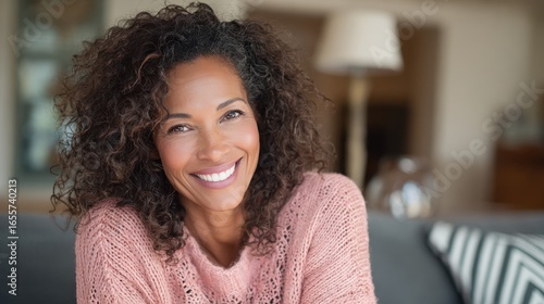 portrait of a beautiful mid adult woman smiling at home middle aged african woman in casual looking at camera with copy space cheerful mixed race girl relaxing at home with big laugh no logos no bran