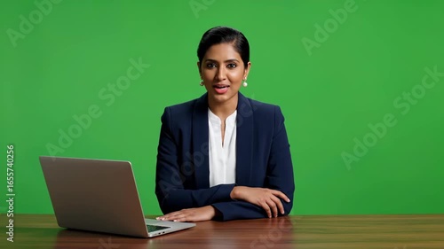 Professional Indian Female News Anchor Presenting a Report from a Green Screen Studio