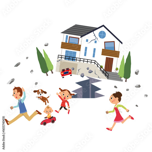 一軒家や地震になって逃げる家族