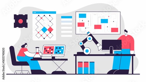 Illustration of two people and a robot arm working in a lab with computers and charts displayed on walls