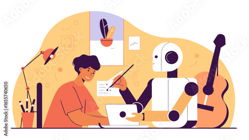 Illustration of a person and a robot working together at a desk with a guitar in the background