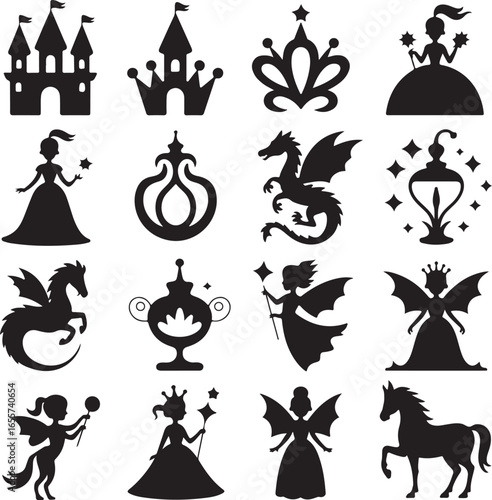 Fantasy icons with castles crowns princesses dragons and horses Keywords: castle, princess, crown