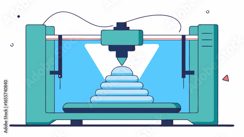 Illustration of a 3d printer creating a layered object with a light blue background in the machine
