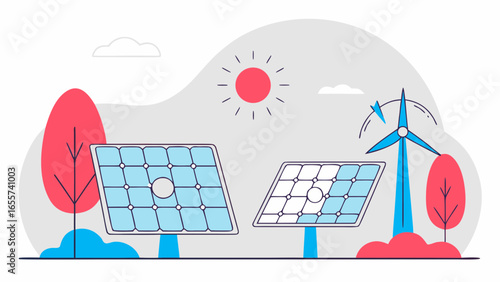 Illustration of solar panels and a wind turbine generating renewable energy in a clean environment