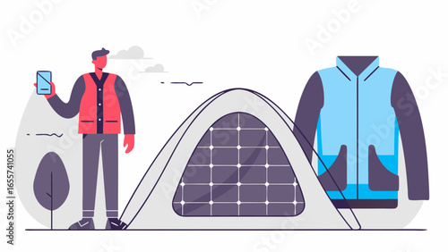 Man standing next to a tent with solar panels and a jacket on a white background illustration