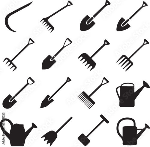 Assortment of garden tool silhouettes including shovels rakes and watering cans vector illustration