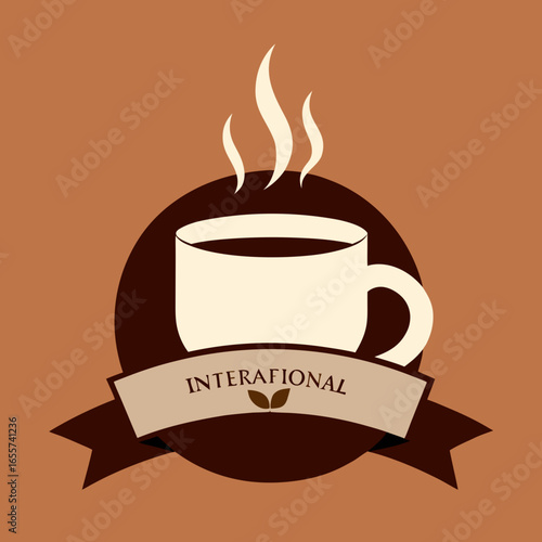 Steaming coffee cup with interafional ribbon logo
