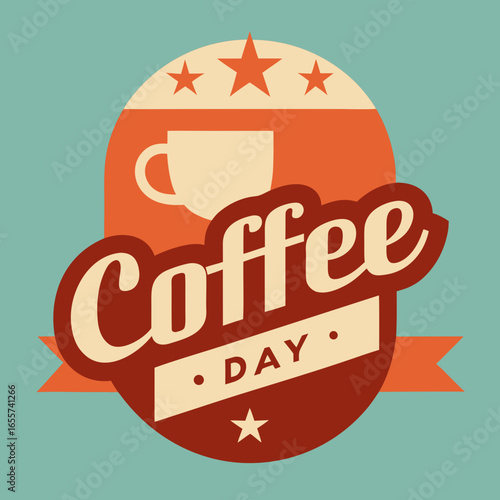 Retro coffee day emblem with stars and ribbon