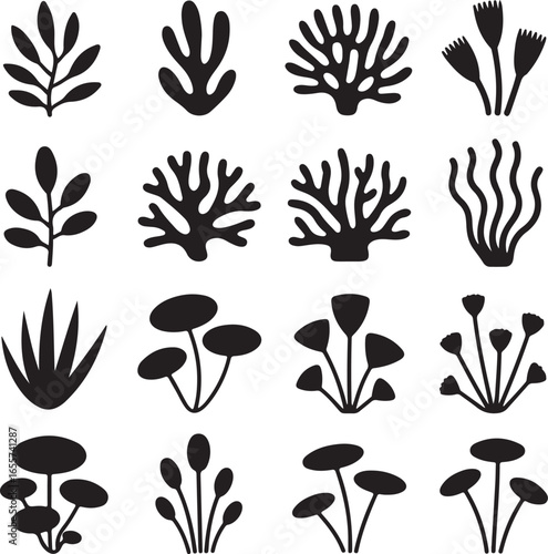 Collection of underwater coral and sea plant silhouettes nature
