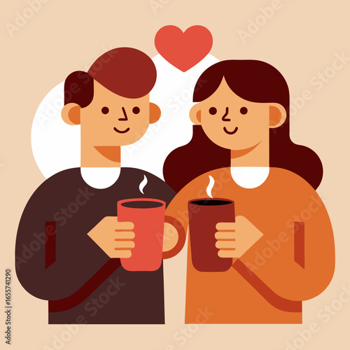 Couple enjoying coffee together with a heart symbol above them