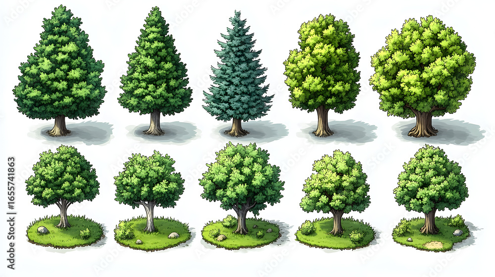 Fototapeta premium Diverse Collection of Stylized Trees for Game Assets