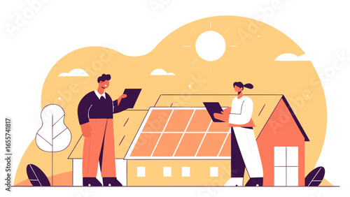 Two people inspecting solar panels on a house with a bright sun in the background on a sunny day