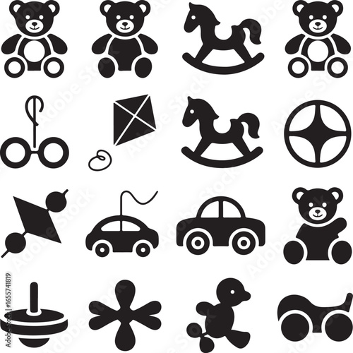 Black silhouettes of children's toys on a white background kids game