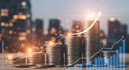 Stacks of coins with a rising graph and years indicating financial growth over time in a city