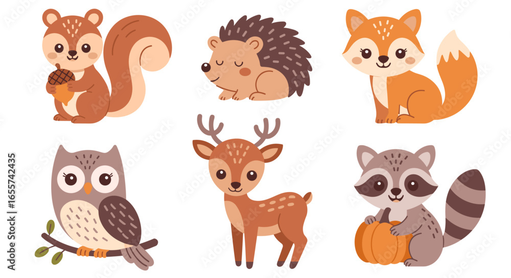 Obraz premium Woodland autumn animals vector set including squirrel, hedgehog, fox, owl, deer, and raccoon holding pumpkin. Perfect for kids, autumn, forest, and nature-themed designs