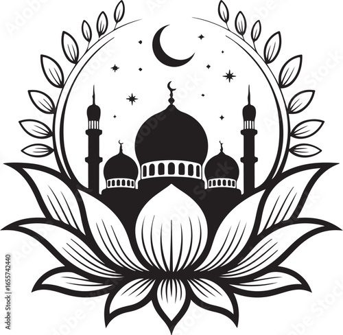 mosque, silhouette, lotus, flower, islamic, religious, crescent moon, stars, monochrome, design, architecture, illustration, islam, floral, geometric, symbol, vector, art, drawing, decoration, ornamen