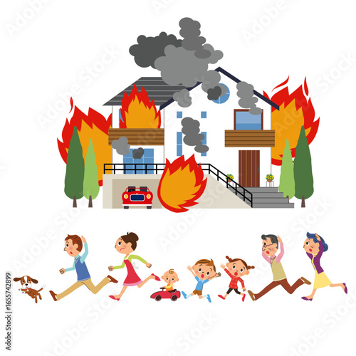 一軒家や火事になって逃げる三世代家族