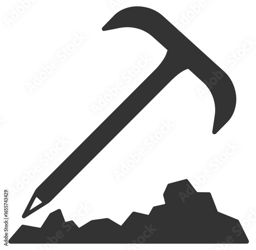Illustration of an ice axe and a mountainous terrain depicted with minimalist design