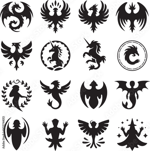 Fantasy Creature and Mythological Symbol Silhouettes Collection dragon phoenix
