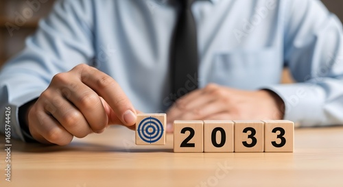 A person setting a goal for the year twenty thirty three using wooden blocks with target symbol