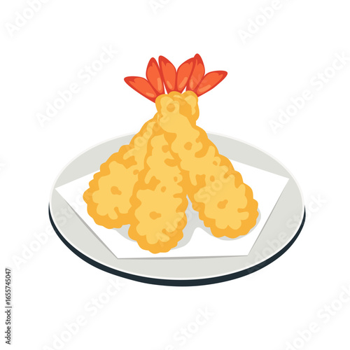 Vector illustration of Japanese shrimp tempura on a plate, crispy fried seafood dish, ideal for Asian restaurant menu, food design, and culinary projects